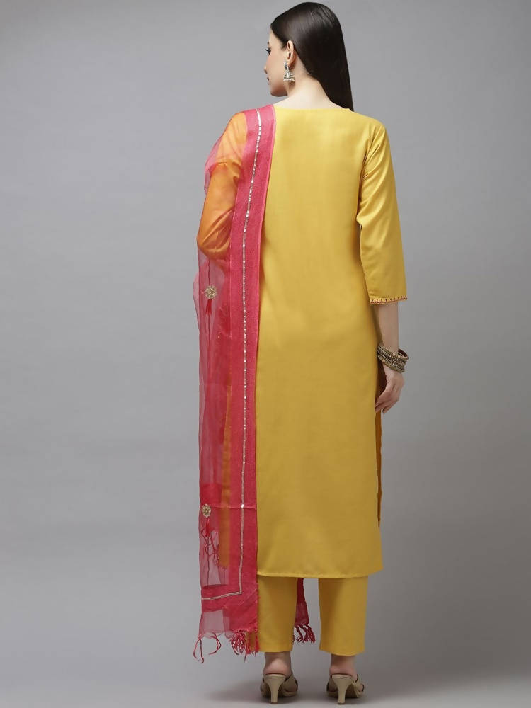 Yufta Women Mustard Yellow Layered Thread Work Kurta with Trouser and Dupatta | Grab2Buy