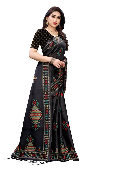 Vamika Black Kalamkari Print With Jhalar Khadi Silk Saree (KITE BLACK) | Grab2Buy