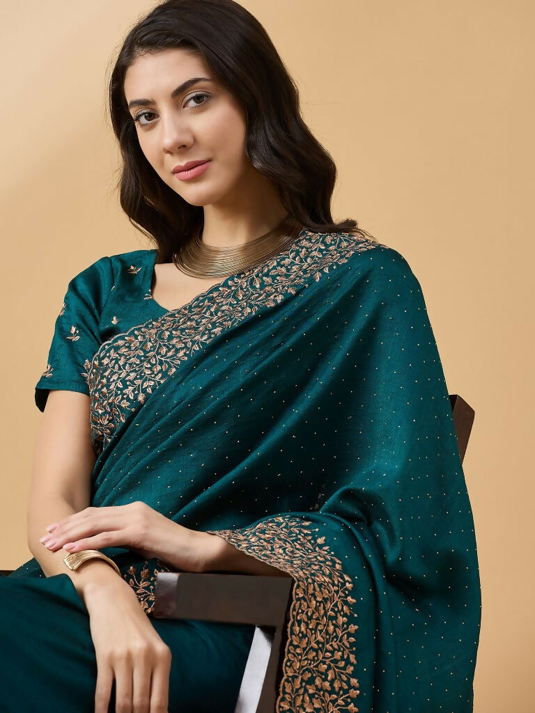 Teal Silk Blend Embroidered Saree with Unstitched Blouse - Vairagi | Grab2Buy