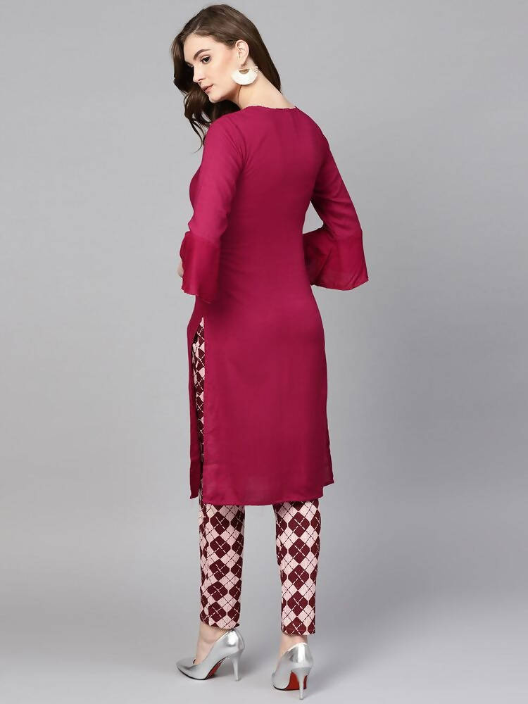 Yufta Women Burgundy Solid Bell Sleeves Straight Kurta with Tassel Detail | Grab2Buy