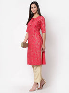 Myshka Women's Pink Rayon Printed Regular Sleeves Round Neck Casual Kurta | Grab2Buy