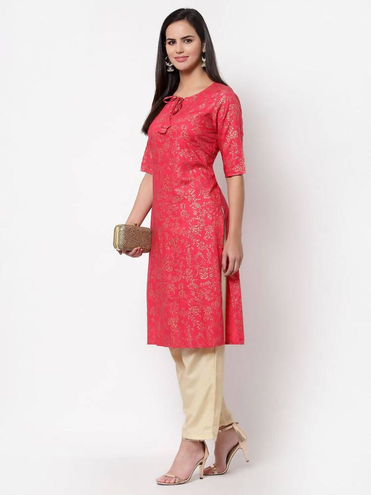 Myshka Women's Pink Rayon Printed Regular Sleeves Round Neck Casual Kurta | Grab2Buy