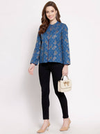 Myshka Women's Blue Cotton Full Sleeve Mandarin Collar Printed Casual Jacket | Grab2Buy