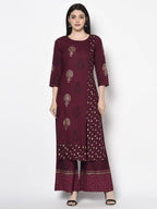 Aniyah Rayon Wine Color Block Print Straight Kurta (AN-175K) | Grab2Buy