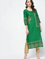 Cheera Hand Block Print Green Color Straight Kurta | Grab2Buy