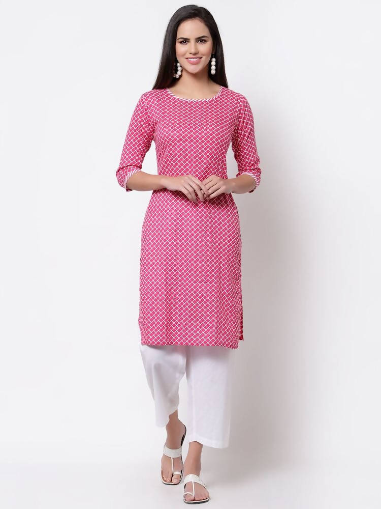 Myshka Women's Pink Cotton 3/4 Sleeve Round Neck Printed Casual Kurta | Grab2Buy