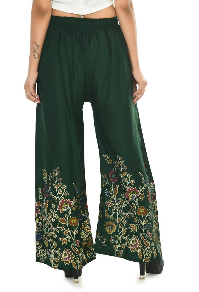 Mominos Fashion Moeza Reyon Cotton Bottle Green Floral Palazzo | Grab2Buy