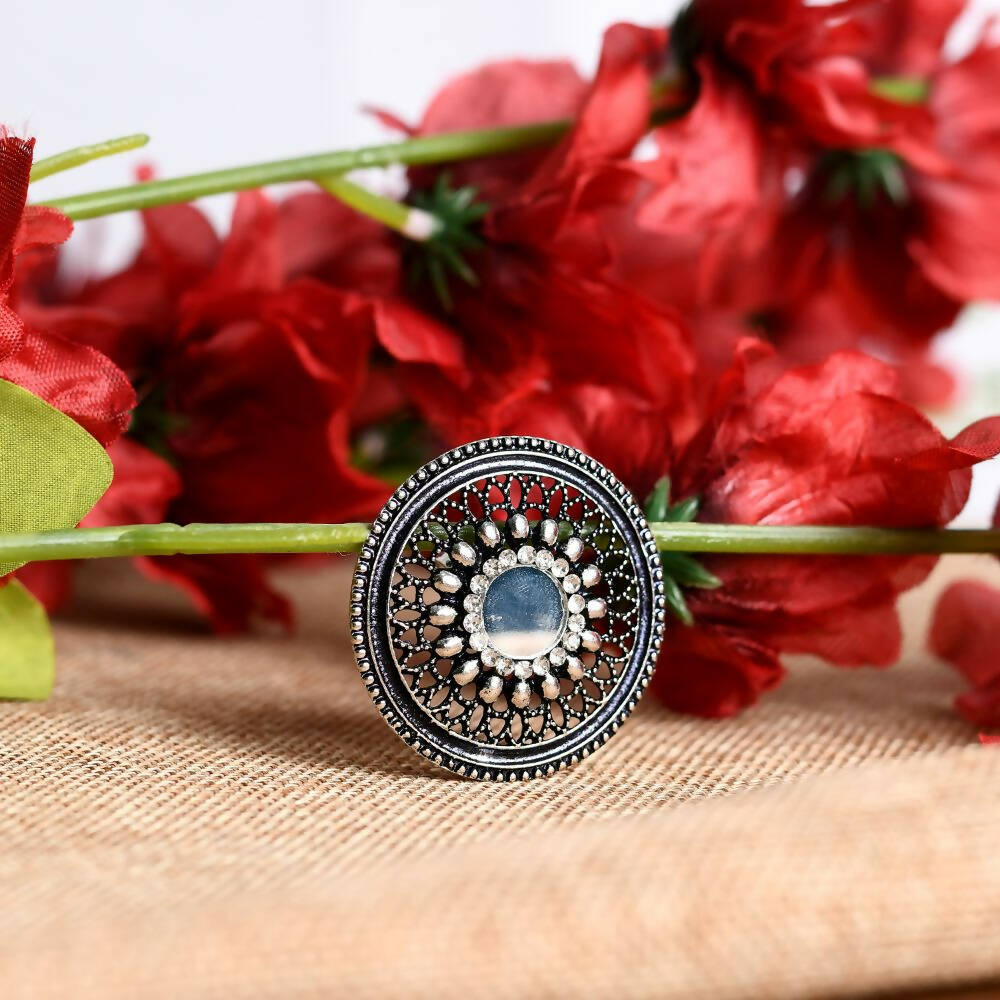 Mominos Fashion Joharkamal Oxidised Silver-Toned Adjustable Finger Ring | Grab2Buy