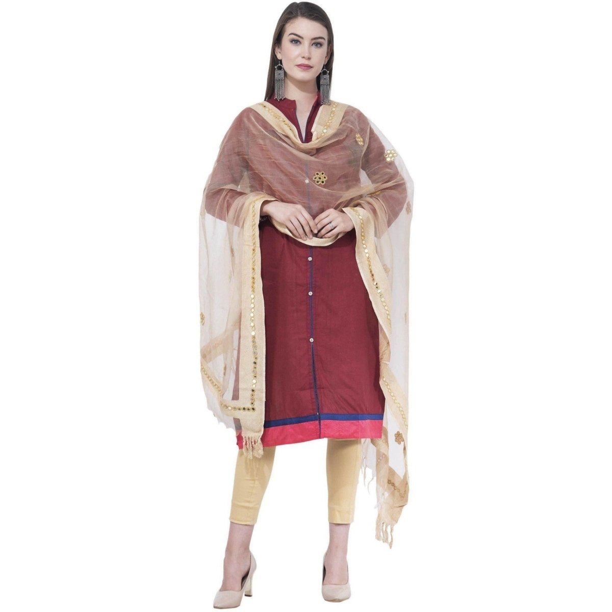 A R Silk Light Golden Color Flower Mirror Orgenza Cotton Dupattas and Chunnis | Grab2Buy