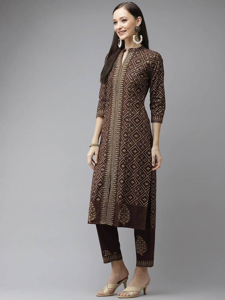 Yufta Women Brown Printed Panelled Beads and Stones Pure Cotton Kurta with Trouser & With Dupatta | Grab2Buy