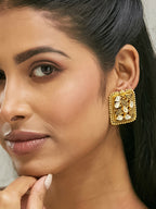 Nuyug 22K Gold-Plated Kundan & Filigree Concept Rectangular Leafy Studs | Grab2Buy