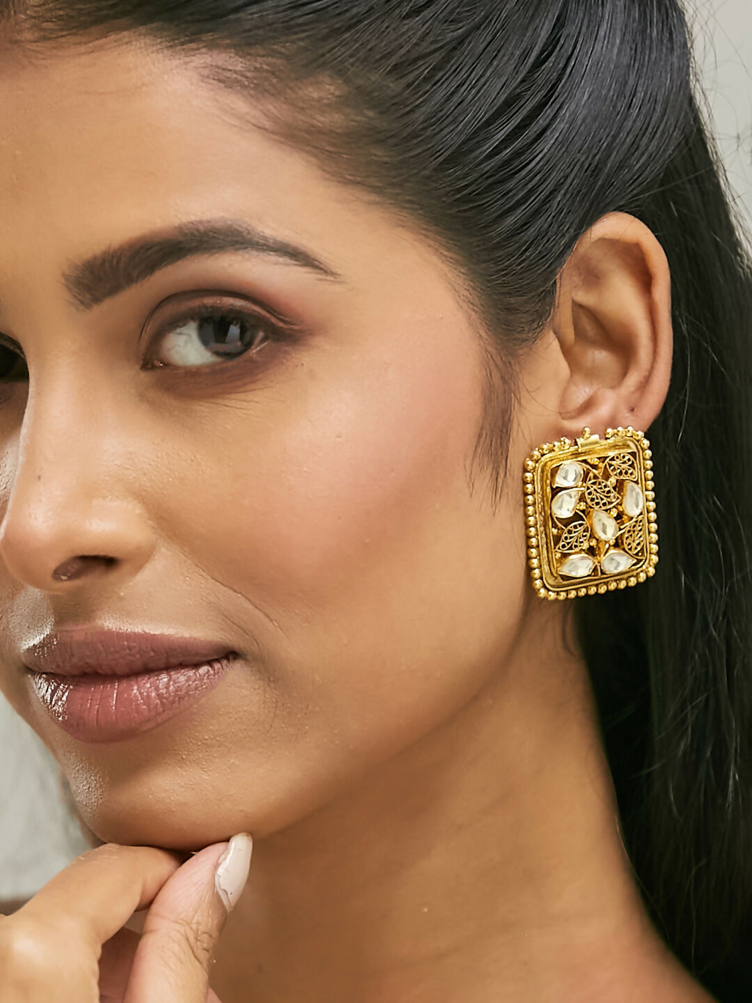 Nuyug 22K Gold-Plated Kundan & Filigree Concept Rectangular Leafy Studs | Grab2Buy