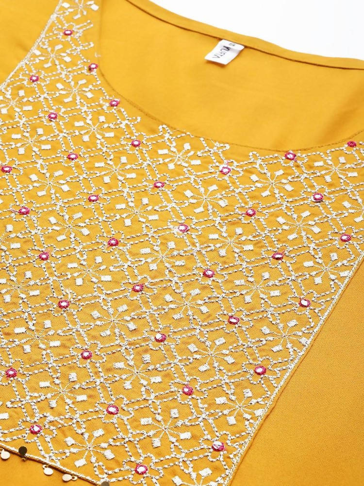 Yufta Women's Mustard Rayon Kurti With Pant Dupatta Set | Grab2Buy