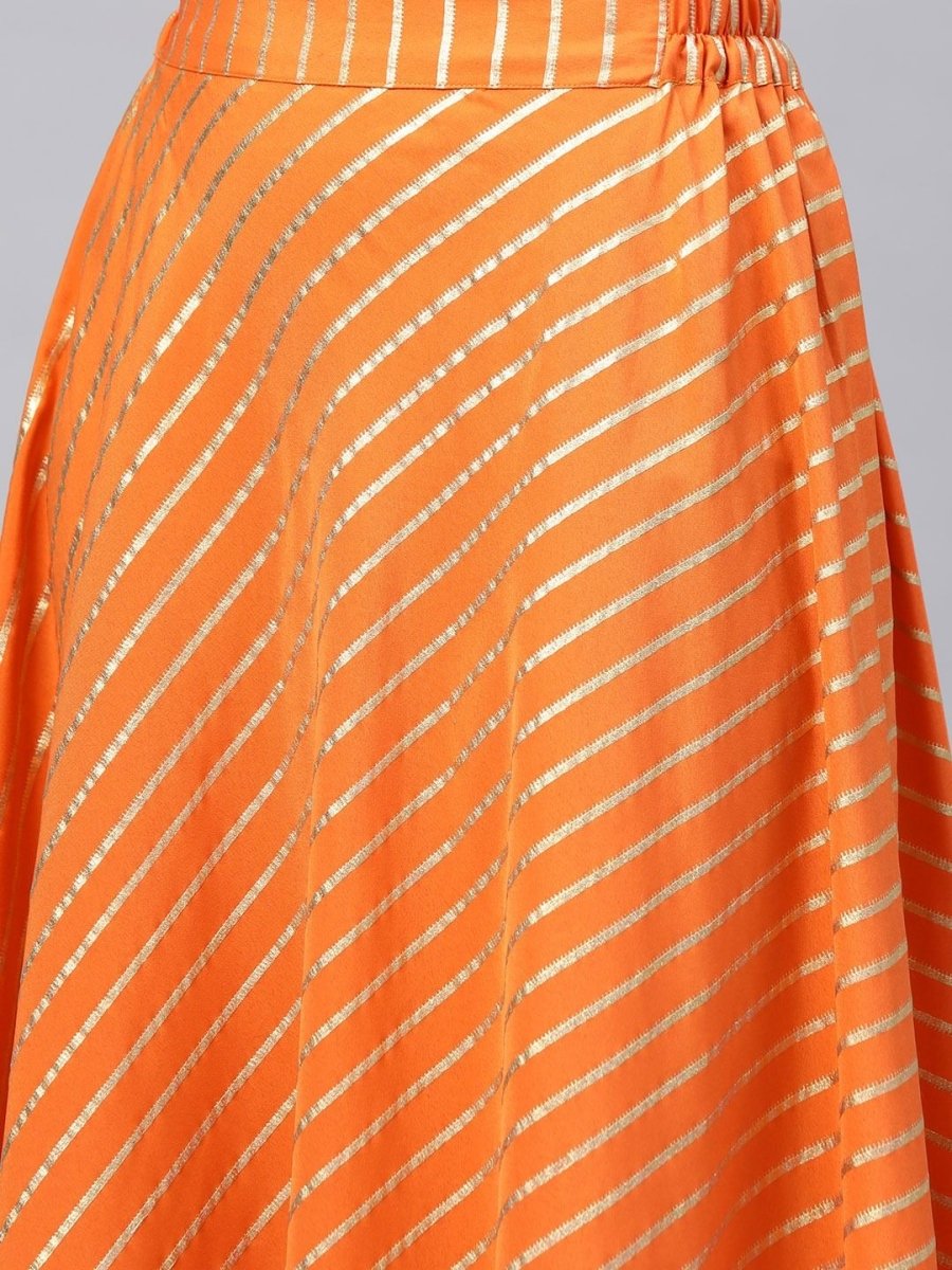 Ahalyaa Women's Orange Crepe Gold Print Top Skirt With Printed Jacket | Grab2Buy