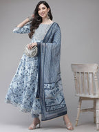 Yufta Women Blue Floral Printed Regular Pure Cotton Kurta with Trouser With Dupatta | Grab2Buy