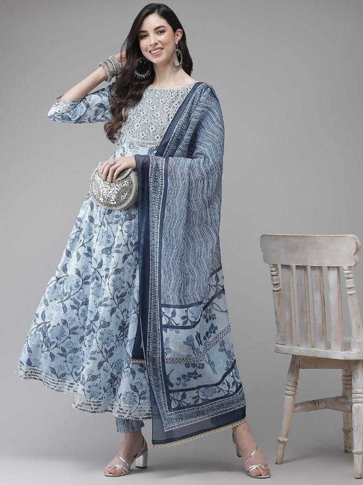 Yufta Women Blue Floral Printed Regular Pure Cotton Kurta with Trouser With Dupatta | Grab2Buy