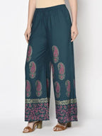Aniyah Rayon Teal Blue Color Block Print Flared Slip-On Palazzo (AN-222K) | Grab2Buy