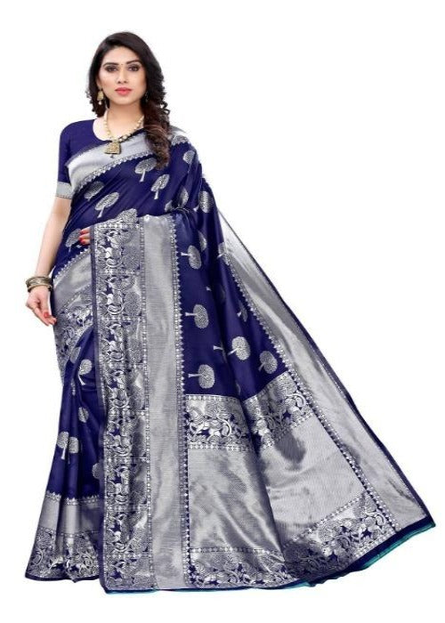 Vamika Banarasi Jacquard Weaving Blue Saree (AMEE BLUE) | Grab2Buy