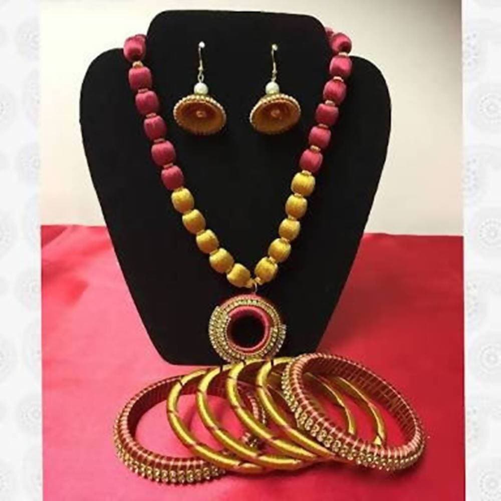 Yellow And Pink Silk Threaded Designer Necklace Set , Earrings And Bangles | Grab2Buy