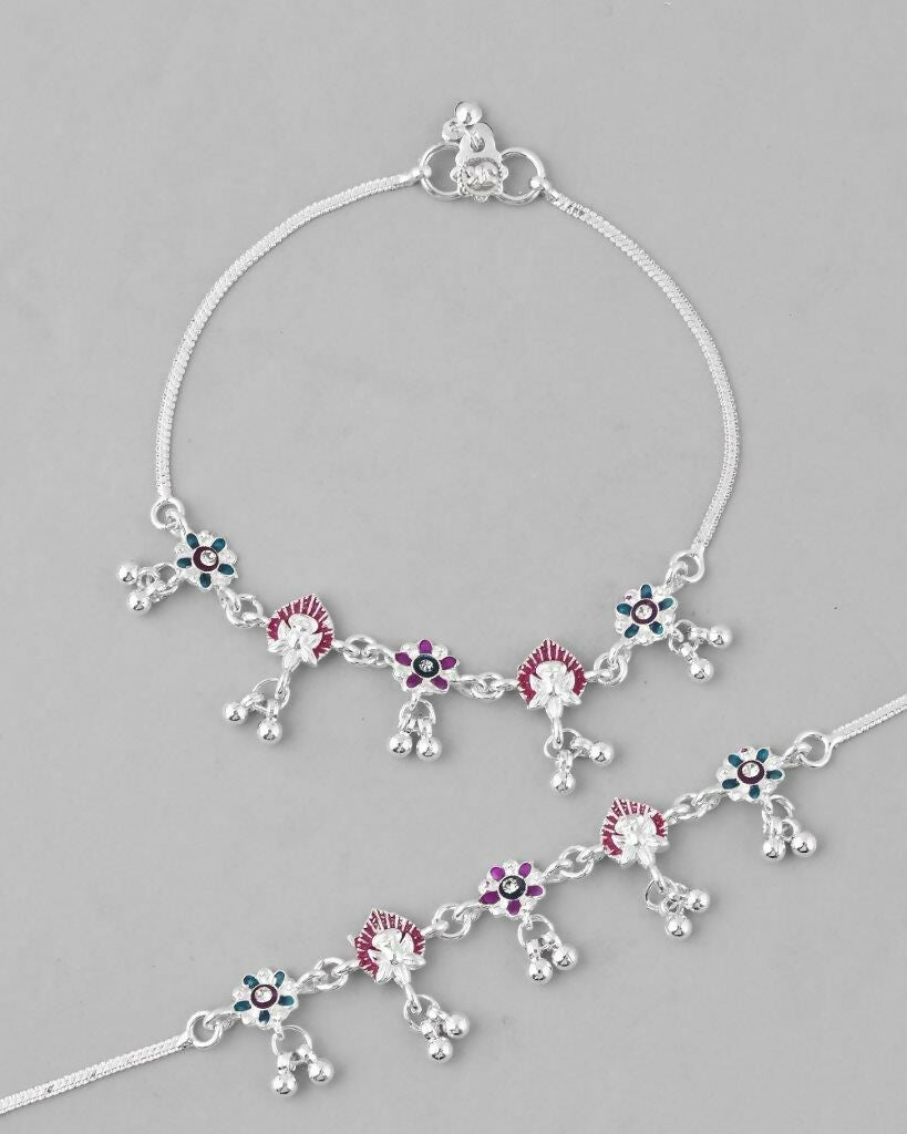 VOJ Set of 2 Silver Plated Designer Multi Color Anklet | Grab2Buy
