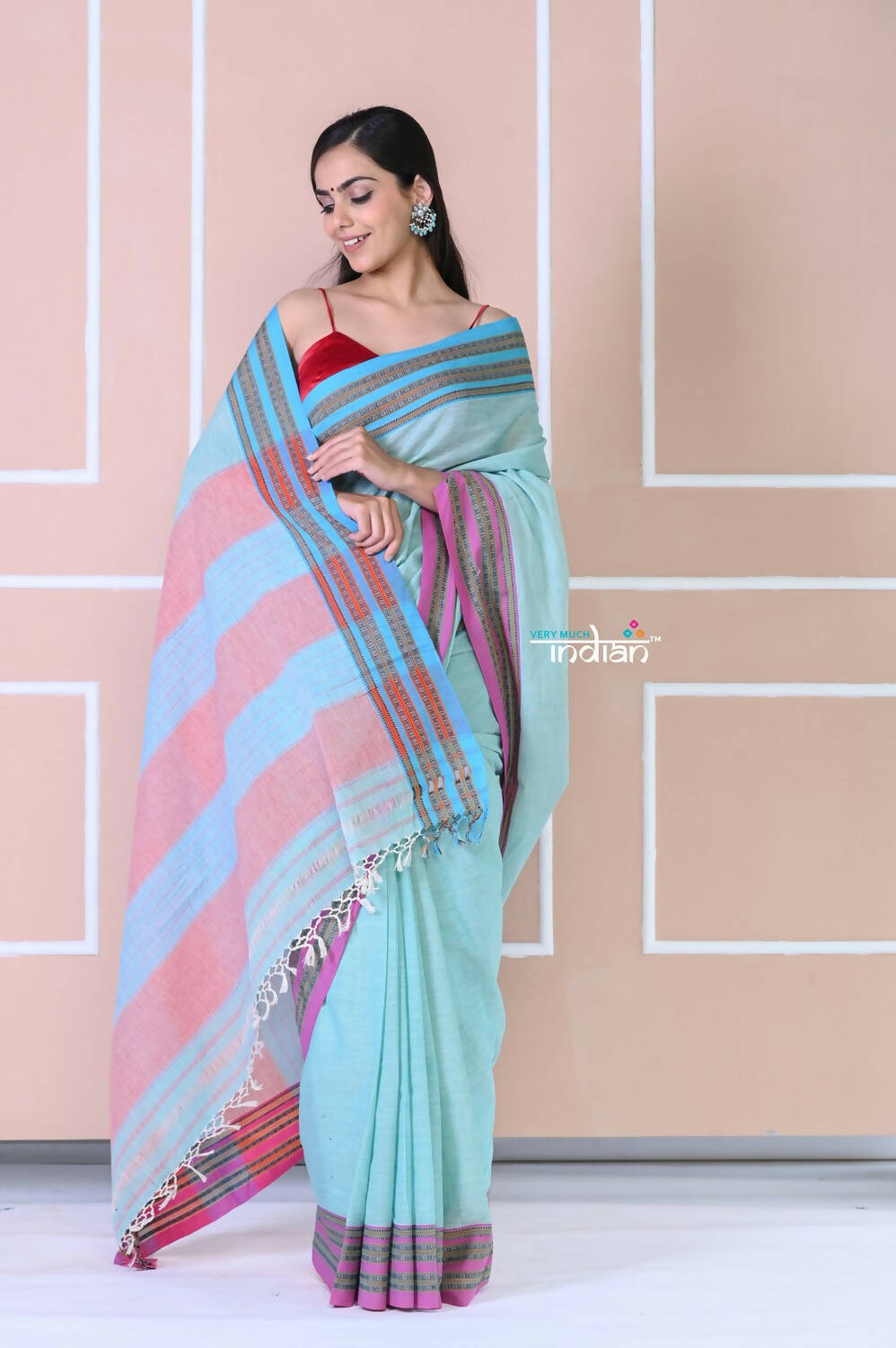 Very Much Indian Traditional Patteda Anchu Ilkal Handloom Saree - Sky Blue | Grab2Buy