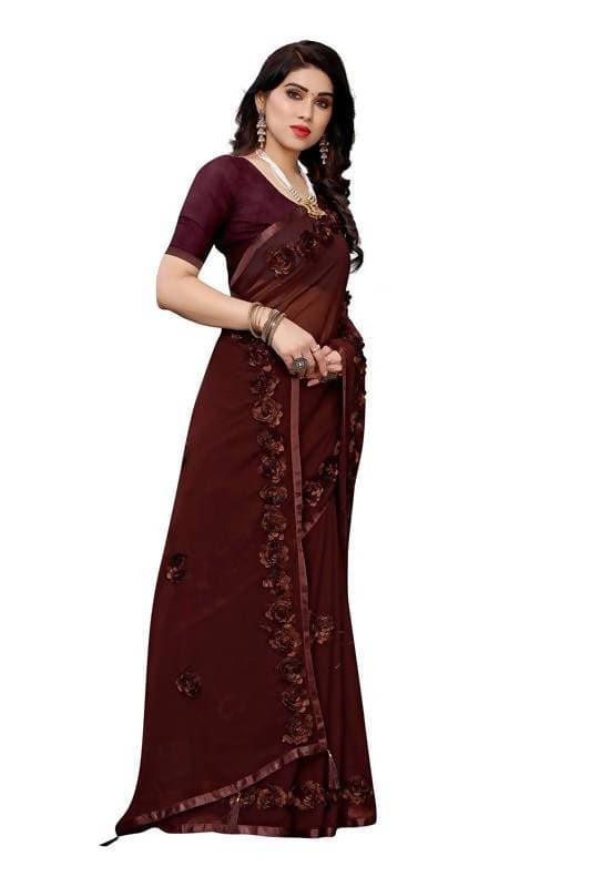 Vamika Brown Georgette Embroidery Saree (GULABO COFFEE) | Grab2Buy