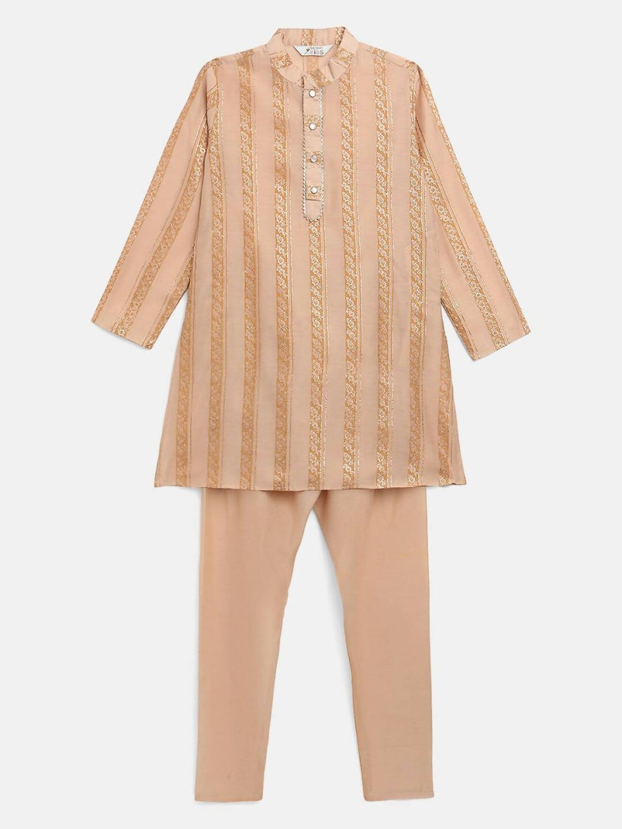 Ahalyaa Beige Chanderi Gold Foil Print Kids Kurta Churidar Set For Boys | Grab2Buy