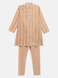 Ahalyaa Beige Chanderi Gold Foil Print Kids Kurta Churidar Set For Boys | Grab2Buy