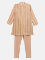 Ahalyaa Beige Chanderi Gold Foil Print Kids Kurta Churidar Set For Boys | Grab2Buy