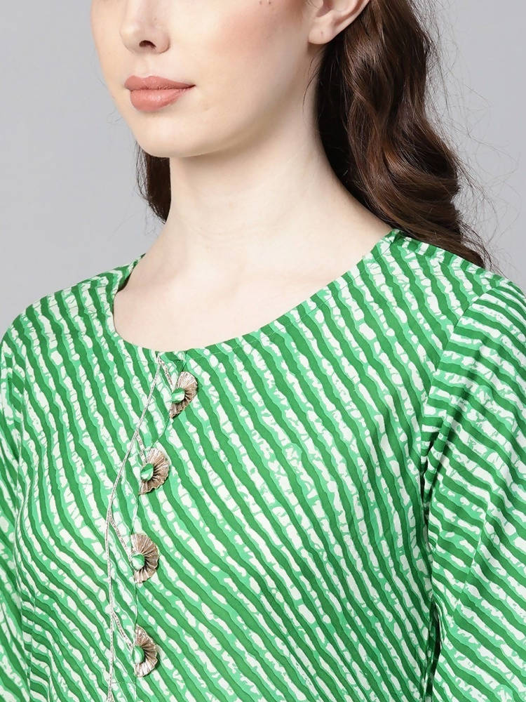 Yufta Women Green & Off-White Leheriya Dyed Straight Kurta | Grab2Buy