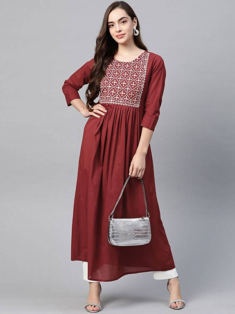 Yufta Women Rust Red & White Embroidered Mirror Work Yoke Design Cotton A-Line Dress | Grab2Buy