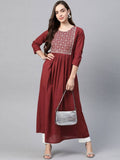 Yufta Women Rust Red & White Embroidered Mirror Work Yoke Design Cotton A-Line Dress | Grab2Buy
