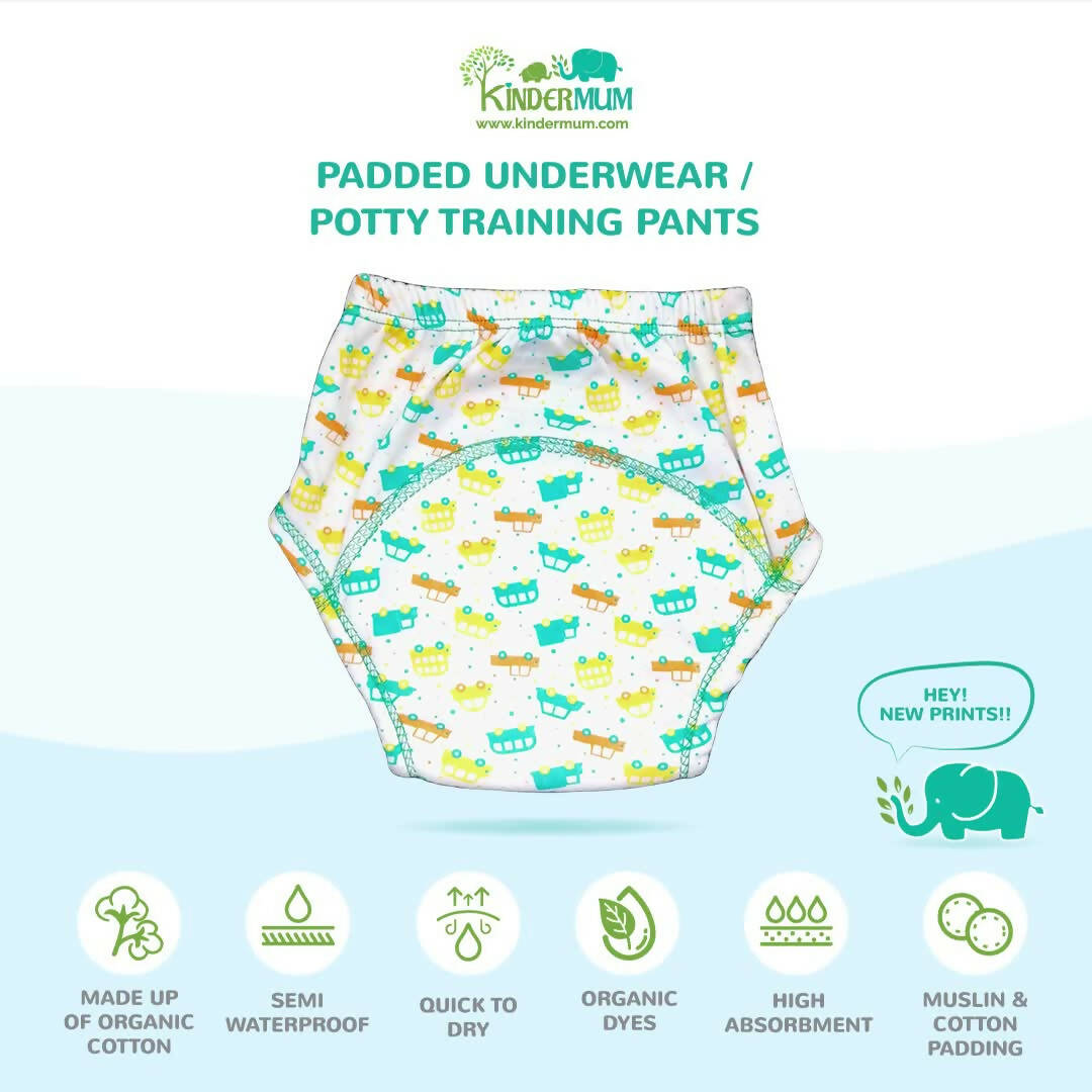 Kindermum Cotton Padded Pull Up Training Pants/Padded Underwear For Kids Peachy Star & Green Car-Set of 2 pcs | Grab2Buy