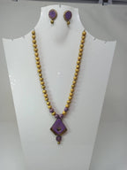 Terracotta Diamond Pendant Long Necklace Set With Studs-Lavender | Grab2Buy