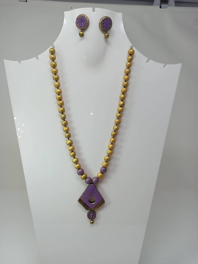 Terracotta Diamond Pendant Long Necklace Set With Studs-Lavender | Grab2Buy