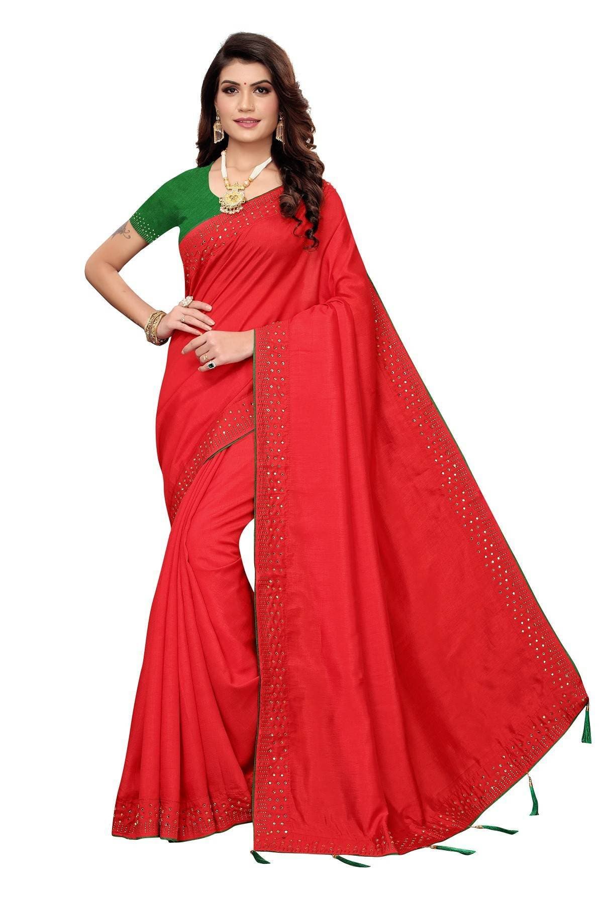 Vamika Red Zoya Silk Stone Work Saree | Grab2Buy