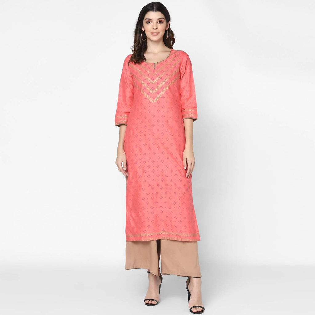 Cheera Hand Block Print Pitch & Skin Color Straight Kurta With Palazzo (MAAI-072K) | Grab2Buy
