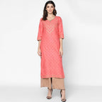 Cheera Hand Block Print Pitch & Skin Color Straight Kurta With Palazzo (MAAI-072K) | Grab2Buy