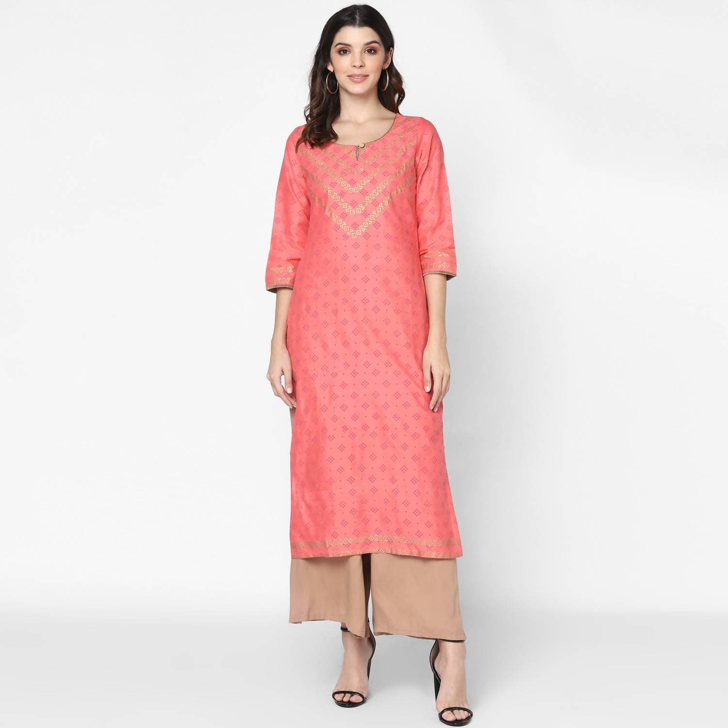 Cheera Hand Block Print Pitch & Skin Color Straight Kurta With Palazzo (MAAI-072K) | Grab2Buy