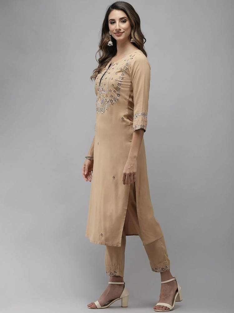 Yufta Women Beige & Charcoal Grey Ethnic Motifs Embroidered Kurta with Trouser & Dupatta | Grab2Buy