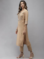 Yufta Women Beige & Charcoal Grey Ethnic Motifs Embroidered Kurta with Trouser & Dupatta | Grab2Buy