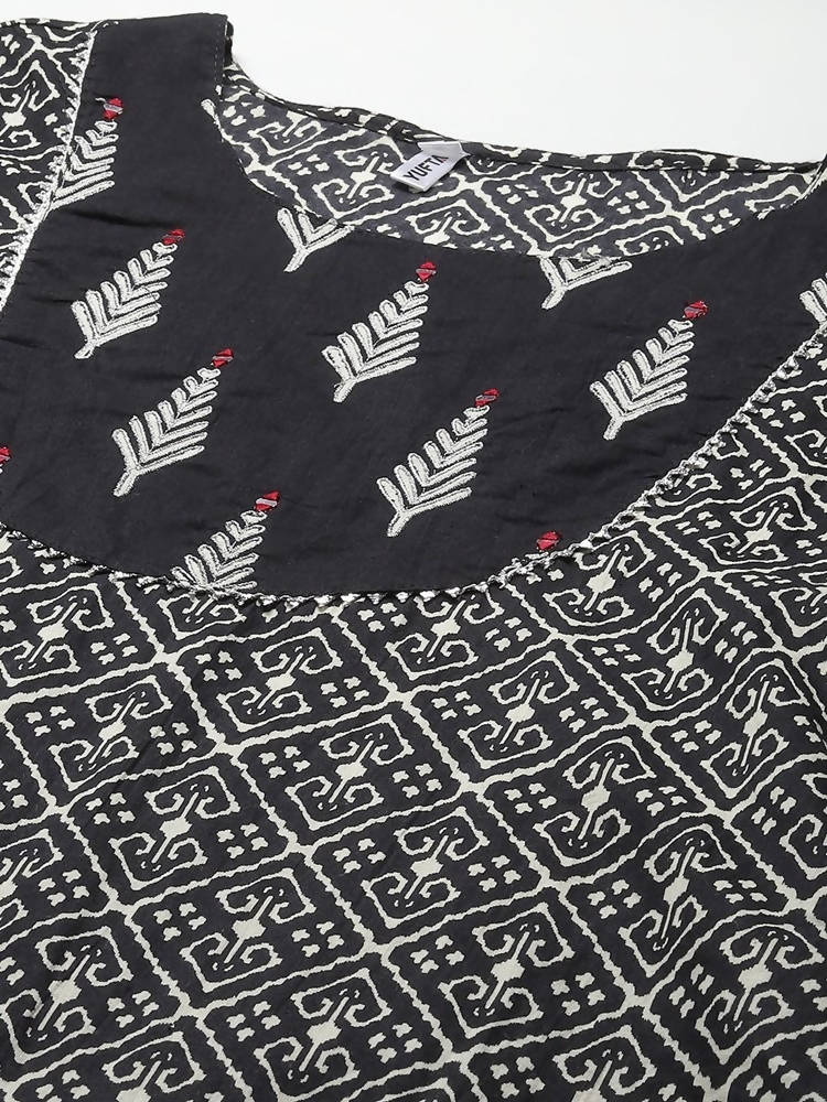 Yufta Women Black & Off-White Ethnic Motifs Printed Thread Work Cotton Kurta Set & Dupatta | Grab2Buy
