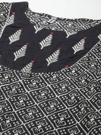 Yufta Women Black & Off-White Ethnic Motifs Printed Thread Work Cotton Kurta Set & Dupatta | Grab2Buy