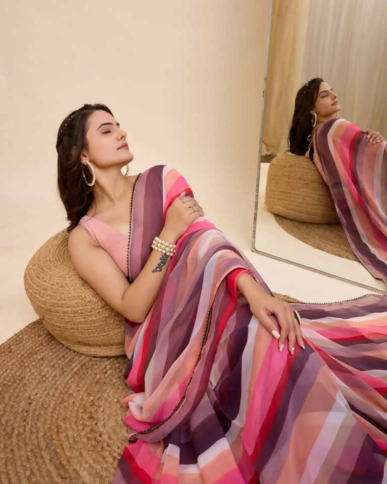 Pink Georgette Designer Printed Ready To Wear Saree - Ibiza | Grab2Buy