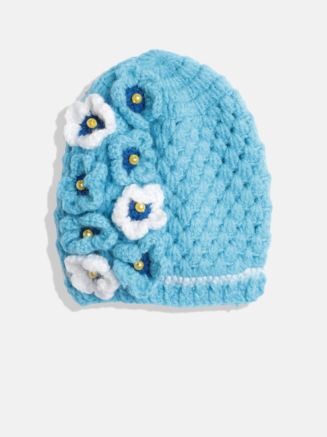 Chutput Kids Woollen Hand Knitted Pearl Embellished Floral Detailed Cap - Blue | Grab2Buy
