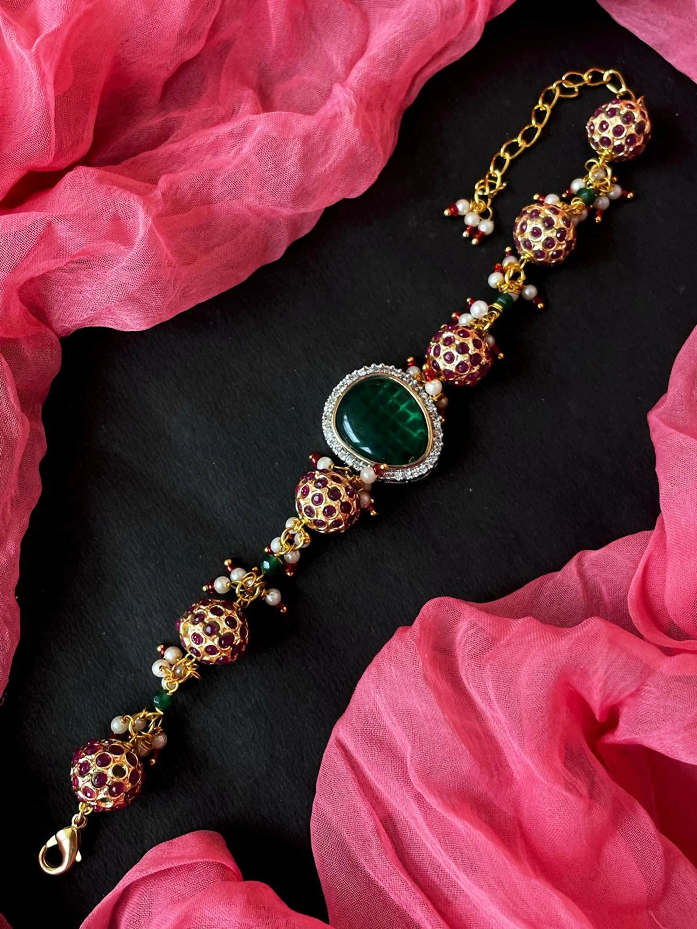 Joban Fashion Multicolor Brass Ad With Monalisa Stone And Ball Beaded Bracelet
