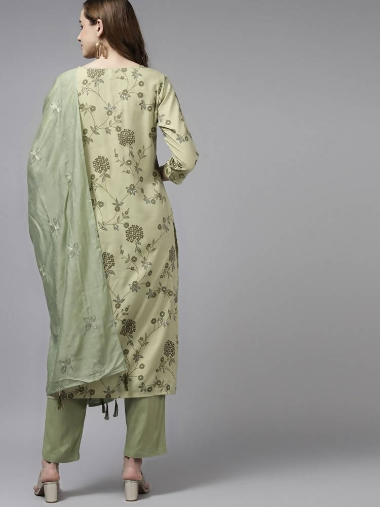 Yufta Women Olive Green Floral Printed Sequined Pure Silk Kurta with Palazzo and Dupatta | Grab2Buy