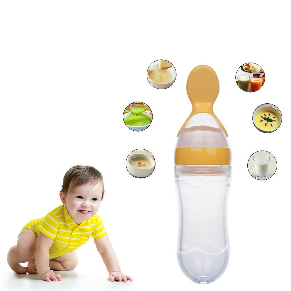 Safe-O-Kid Easy Set of 2 Squeezy Silicone Food Feeder Spoon (Soft Tip) Bottle- Yellow- 90mL | Grab2Buy