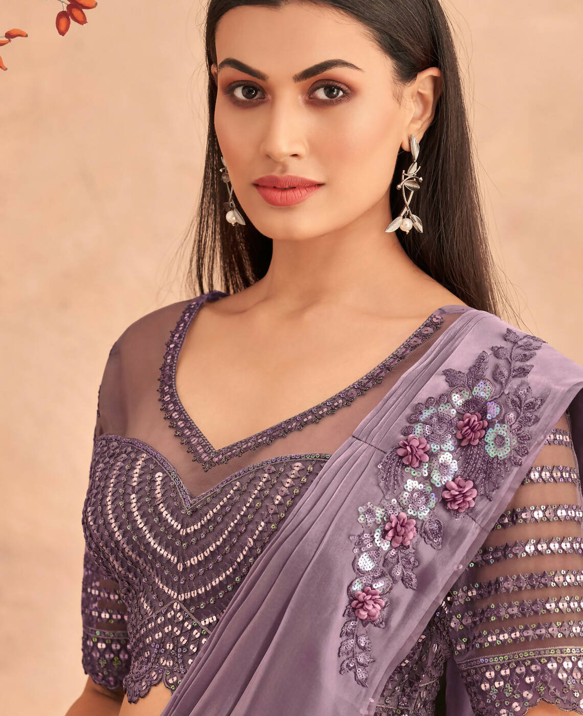 Purple Satin Embroidered Ready To Wear Saree With Unstitched Blouse Piece - Nandika | Grab2Buy