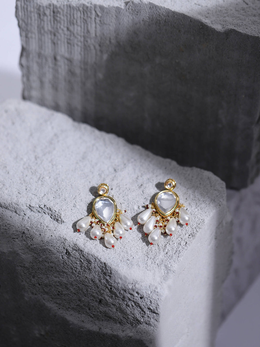 Gold-Toned White Kundan Contemporary Gold-Polished Drop Earrings - Ruby Raang | Grab2Buy